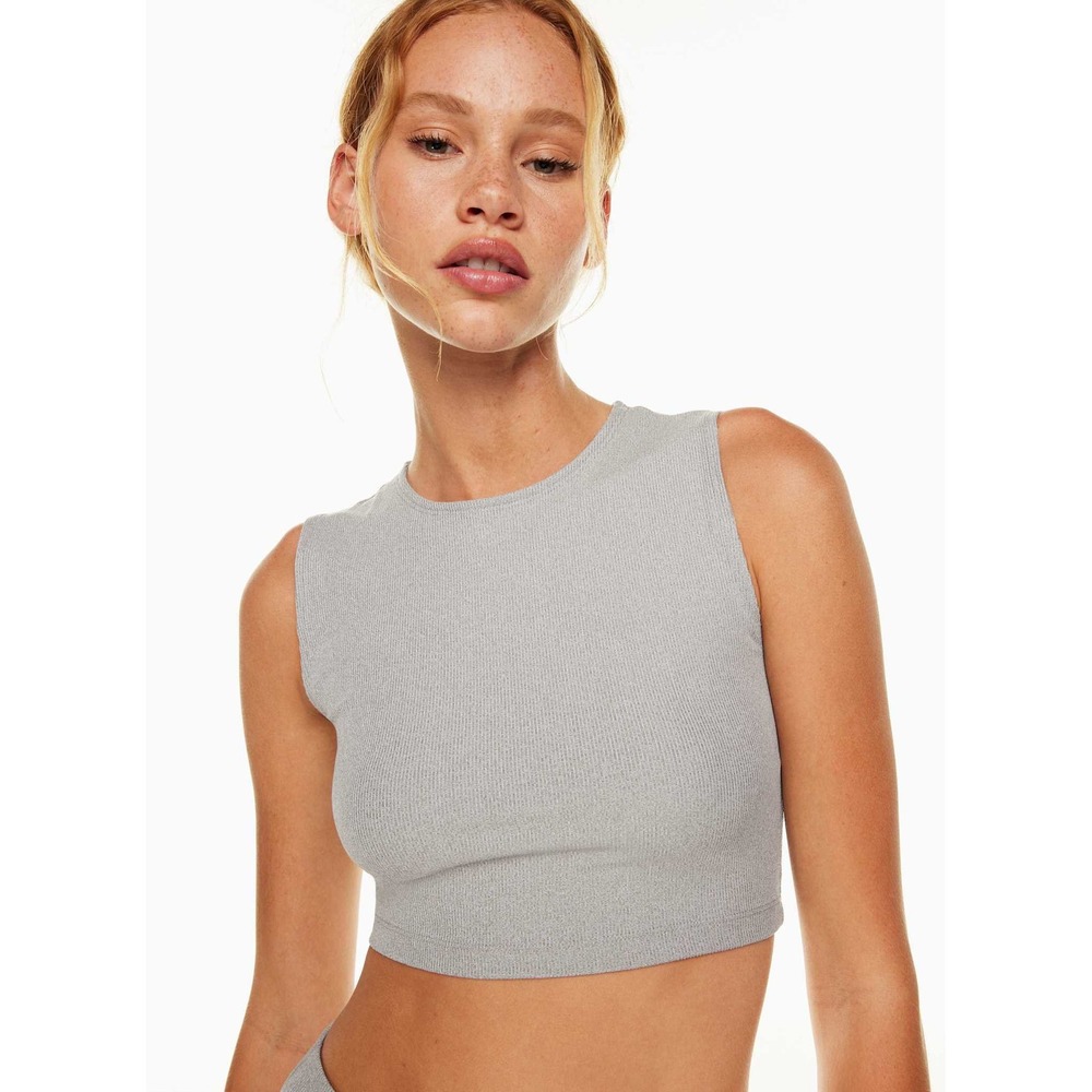 Aritzia TnAction TnaFLOW Cropped Muscle Tank Heather Grey Ribbed Top Size M